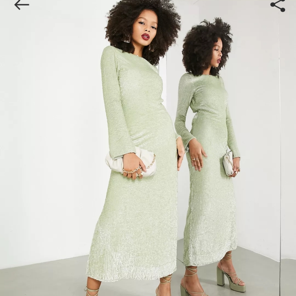 ASOS NWT light green sequin long sleeve, gathered open back gown